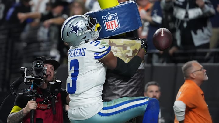 Dallas Cowboys wide receiver George Pickens reacts after scoring a touchdown against the Las Vegas Raiders 