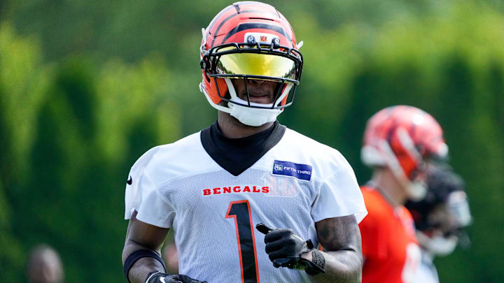 Cincinnati Bengals wide receiver Ja'Marr Chase (1) lines up wide during the second day of preseason training camp in downtown Cincinnati on Thursday, July 24, 2025.