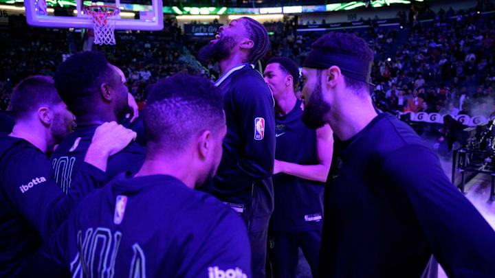 Mar 26, 2024; New Orleans, Louisiana, USA; New Orleans Pelicans forward Naji Marshall (8) jumps in the huddle before a game against the Oklahoma City Thunder at Smoothie King Center. 