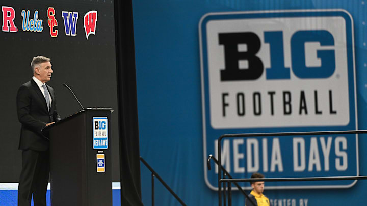 Jul 23, 2024; Indianapolis, IN, USA;  Big Ten commissioner Tony Petitti speaks to the media during the Big 10 football media day at Lucas Oil Stadium. Mandatory Credit: Robert Goddin-USA TODAY Sports