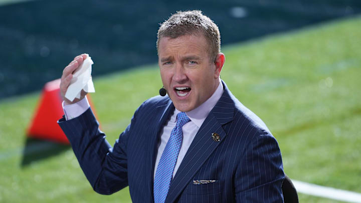 Jan 1, 2024; Pasadena, CA, USA; Kirk Herbstreit on the ESPN College Gameday set at the 2024 Rose Bowl college football playoff semifinal game at Rose Bowl. Mandatory Credit: Kirby Lee-Imagn Images