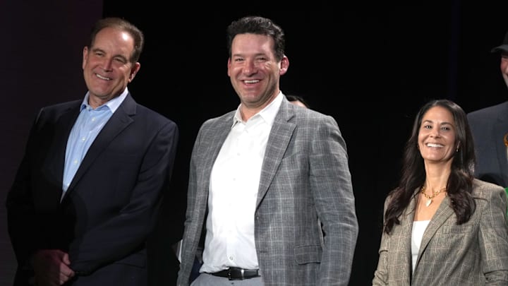 CBS Sports play-by-play announcer Jim Nantz (left), analyst Tony Romo (center) and sideline reporter Tracy Wolfson