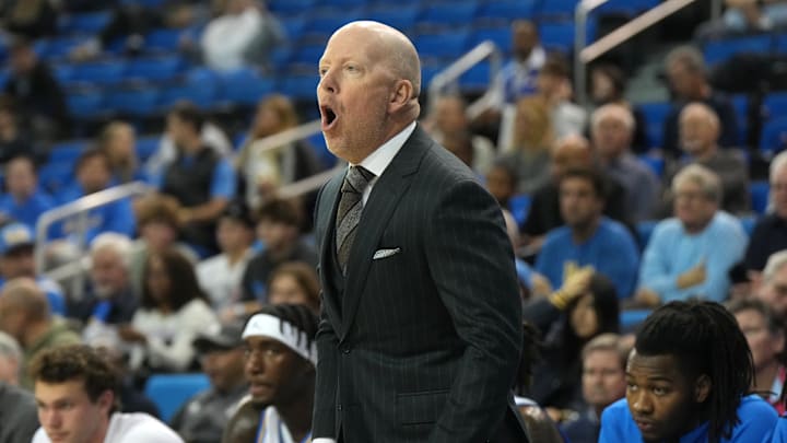 Dec 17, 2024; Los Angeles, California, USA; UCLA Bruins head coach Mick Cronin reacts in the first half against the Prairie View A&M Panthers at Pauley Pavilion presented by Wescom. Mandatory Credit: Kirby Lee-Imagn Images