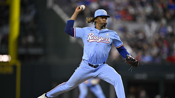 Sep 1, 2024; Arlington, Texas, USA; Texas Rangers relief pitcher Jose Urena (54) pitches against the Oakland Athletics during the fourth inning at Globe Life Field. Mandatory Credit: Jerome Miron-Imagn Images