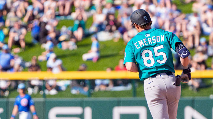 Mar 8, 2025; Mesa, Arizona, USA; Seattle Mariners infielder Colt Emerson (85) hits a home run in the top of the ninth during a spring training game against the Chicago Cubs at Sloan Park. Mandatory Credit: Allan Henry-Imagn Images Mar 8, 2025; Mesa, Arizona, USA; Seattle Mariners infielder Colt Emerson (85) hits a home run in the top of the ninth during a spring training game against the Chicago Cubs at Sloan Park. Mandatory Credit: Allan Henry-Imagn Images