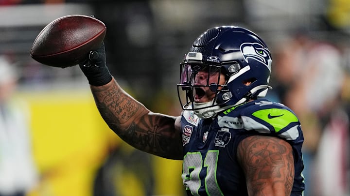 Seattle Seahawks defensive tackle Byron Murphy II reacts after a fumble against New England Patriots during the third quarter in Super Bowl LX at Levi's Stadium. 