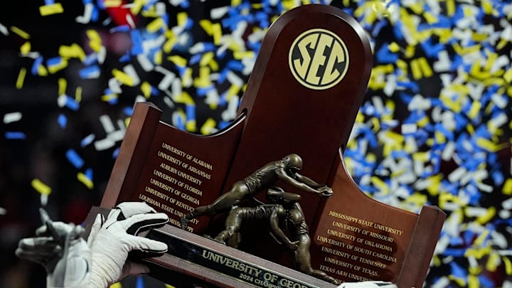 Georgia celebrates after the winning the SEC championship game against Texas in Atlanta, on Saturday, Dec. 7, 2024. Georgia won 22-19. Georgia celebrates after the winning the SEC championship game against Texas in Atlanta, on Saturday, Dec. 7, 2024. Georgia won 22-19.
