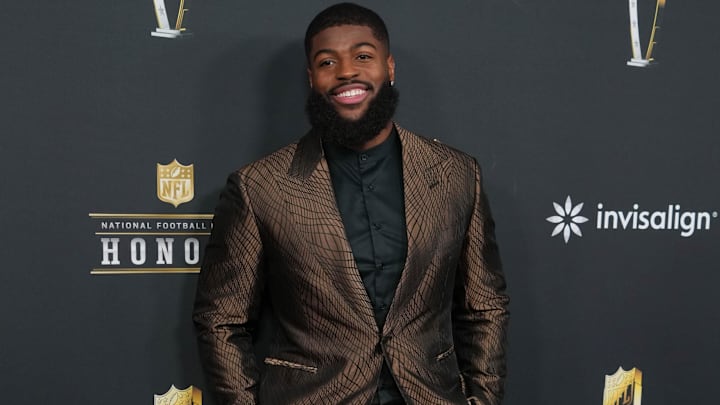 Feb 6, 2025; New Orleans, LA, USA;  Jared Verse on the red carpet before Super Bowl LIX NFL Honors at Saenger Theatre. Mandatory Credit: Kirby Lee-Imagn Images