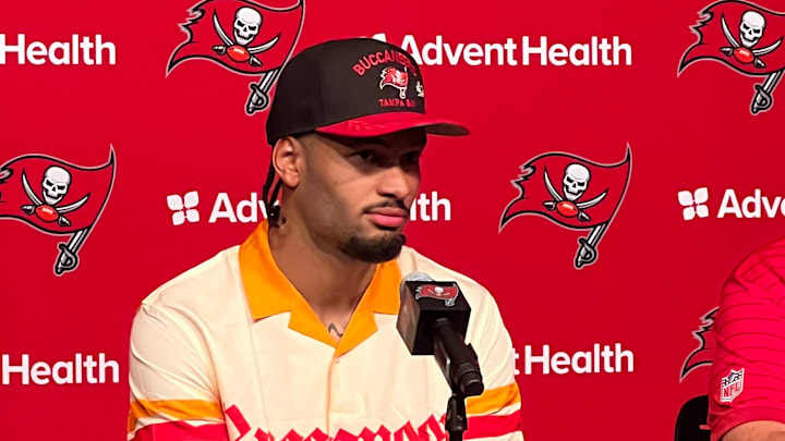 Tampa Bay Buccaneers WR Emeka Egbuka at his introductory press conference (5/25/25).