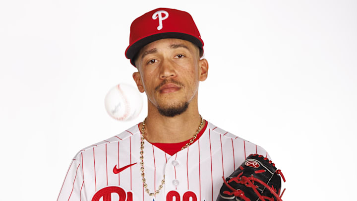 Feb 19, 2026; Clearwater, FL, USA; Philadelphia Phillies pitcher Alex McFarlane (71) poses for media day. Mandatory Credit: Morgan Tencza-Imagn Images