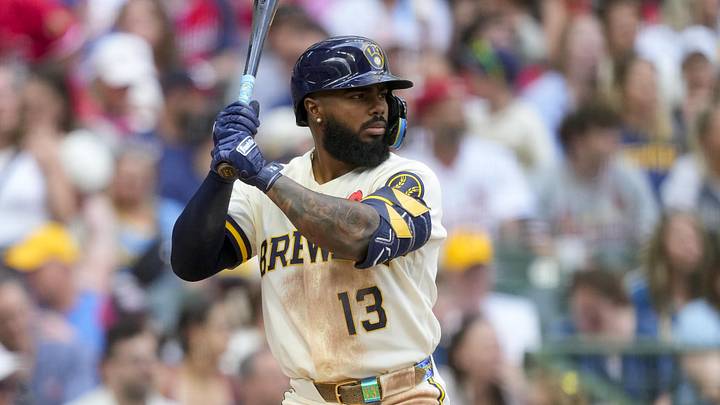 May 25, 2026; Milwaukee, Wisconsin, USA;  Milwaukee Brewers third baseman Luis Rengifo (13) bats during the game against the St. Louis Cardinals at American Family Field. Mandatory Credit: Jeff Hanisch-Imagn Images