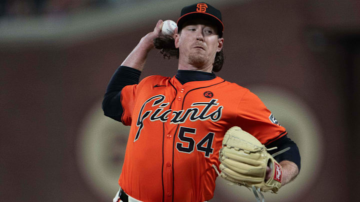 Jul 26, 2024; San Francisco, California, USA;  San Francisco Giants pitcher Mike Baumann (54) pitches during the eighth inning against the Colorado Rockies at Oracle Park