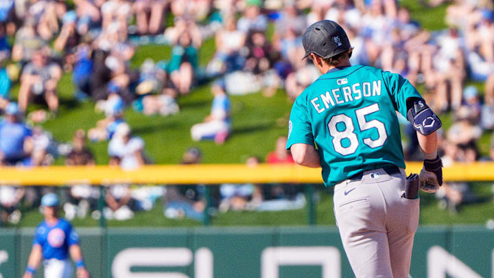 Seattle Mariners infielder Colt Emerson (85) hits a home run in the top of the ninth during a spring training game against the Chicago Cubs at Sloan Park on March 8.