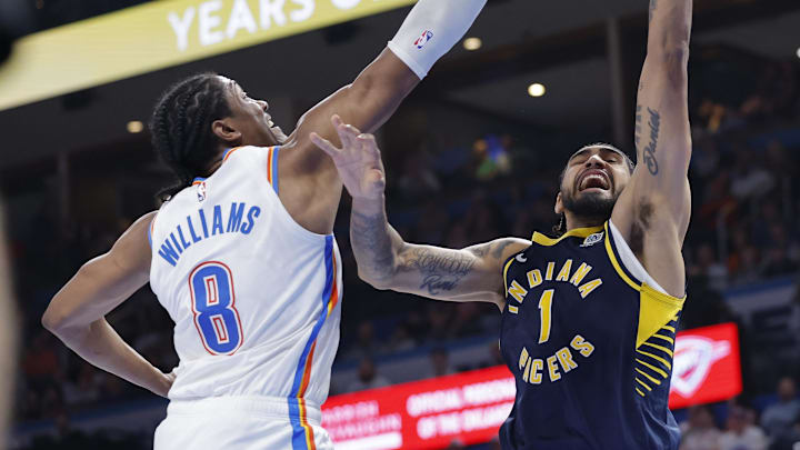 Mar 29, 2025; Oklahoma City, Oklahoma, USA; Indiana Pacers forward Obi Toppin (1) shoots as Oklahoma City Thunder forward Jalen Williams (8) defends the shot during the second half at Paycom Center. Mandatory Credit: Alonzo Adams-Imagn Images