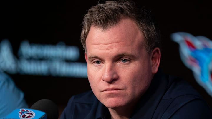 Tennessee Titans General Manager Mike Borgonzi fields questions from the media at Ascension Saint Thomas Sports Park in Nashville, Tenn., Tuesday, April 22, 2025.