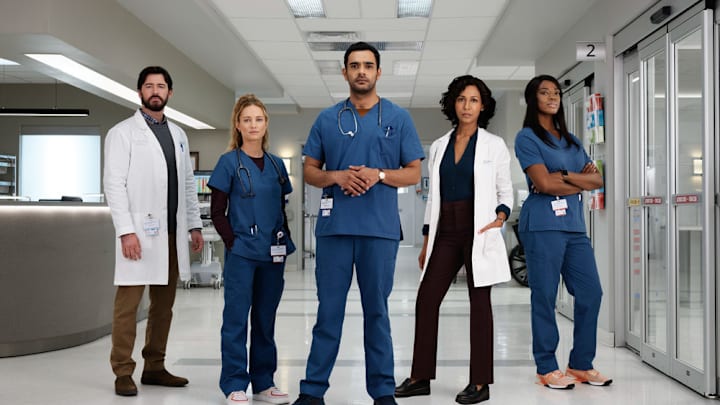 TRANSPLANT -- Season 3 Gallery -- Pictured: (l-r) Jim Watson as Dr. Theo Hunter, Laurence Leboeuf as Dr. Magalie Leblanc, Hamza Haq as Dr. Bashir Hamed, Rekha Sharma as Dr. Neeta Devi, Ayisha Issa as Dr. June Curtis -- (Photo by: Yan Turcotte/Sphere Media/CTV)