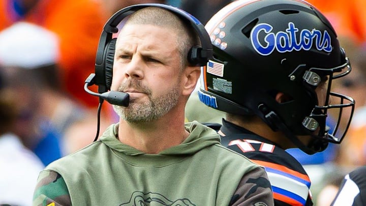 Florida Gators head coach Billy Napier reacts to a 14-0 behind Arkansas in the first half at Steve
