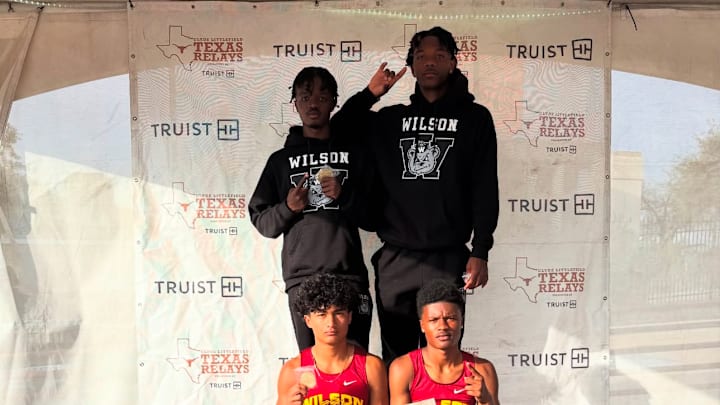 The nation's leading sprint medley team poses for a picture after winning gold at the Texas relays