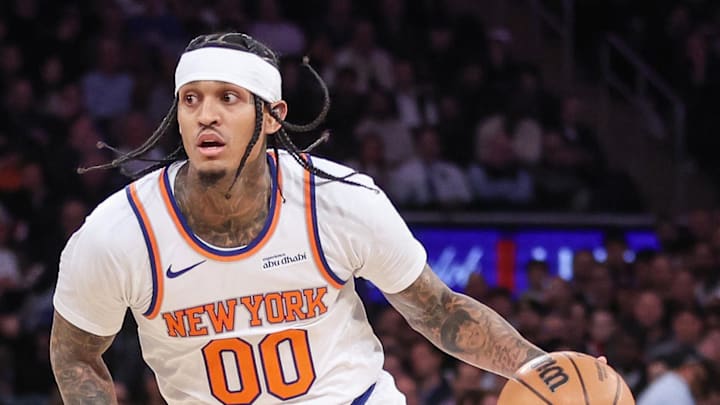 Feb 4, 2026; New York, New York, USA;  New York Knicks guard Jordan Clarkson (00) drives to the basket in the fourth quarter against the Denver Nuggets at Madison Square Garden. Mandatory Credit: Wendell Cruz-Imagn Images