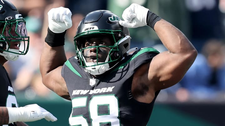 Oct 30, 2022; East Rutherford, New Jersey, USA; New York Jets defensive end Carl Lawson (58) reacts after a sack during the first quarter against the New England Patriots at MetLife Stadium. Mandatory Credit: Brad Penner-USA TODAY Sports Oct 30, 2022; East Rutherford, New Jersey, USA; New York Jets defensive end Carl Lawson (58) reacts after a sack during the first quarter against the New England Patriots at MetLife Stadium. Mandatory Credit: Brad Penner-USA TODAY Sports