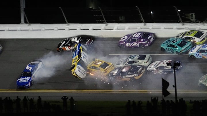 Michael McDowell goes airborne in the No. 34 car during a Stage 3 crash in the Coke Zero Sugar 400, Saturday, Aug. 24, 2024, at Daytona International Speedway.