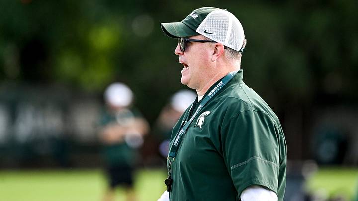 Michigan State head coach Pat Fitzgerald calls out to players during football practice on Monday, Aug. 17, 2026, in East Lansing. Michigan State head coach Pat Fitzgerald calls out to players during football practice on Monday, Aug. 17, 2026, in East Lansing.