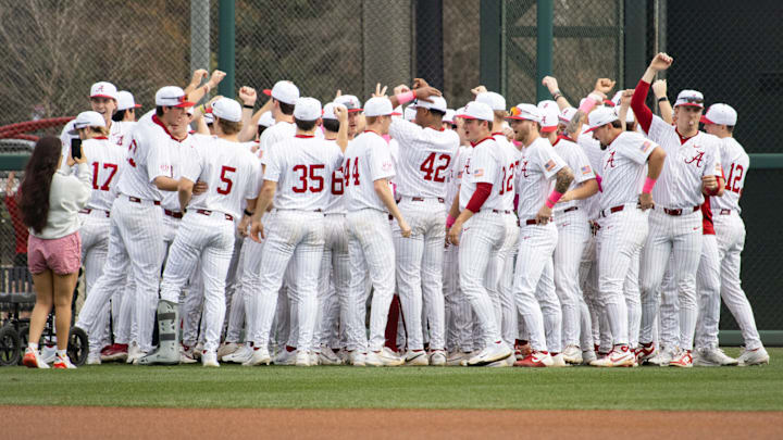 Alabama Baseball team huddles before the second game of the series against Rhode Island on Feb. 21, 2026.