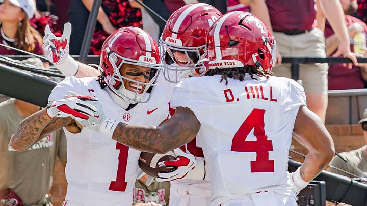 Alabama wide receiver Ryan Coleman-Williams and running back Daniel Hill celebrate a touchdown in the first half of the game against Mississippi State on Oct 3, 2026.