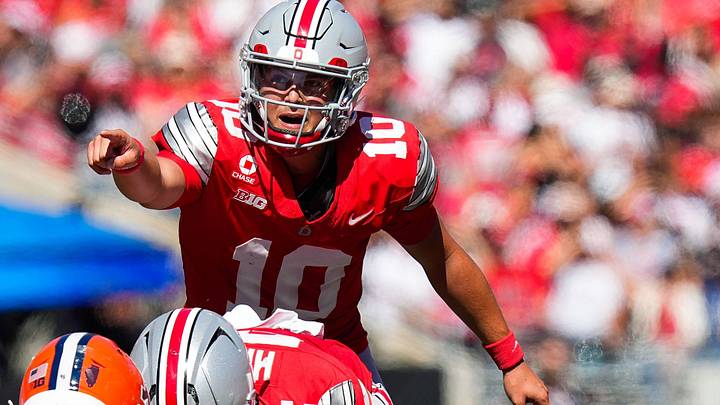 Ohio State Buckeyes quarterback Julian Sayin (10) calls out to his teammates in the first half of the NCAA football game at Ohio Stadium on Sept. 26, 2026 in Columbus, Ohio. Ohio State Buckeyes quarterback Julian Sayin (10) calls out to his teammates in the first half of the NCAA football game at Ohio Stadium on Sept. 26, 2026 in Columbus, Ohio.