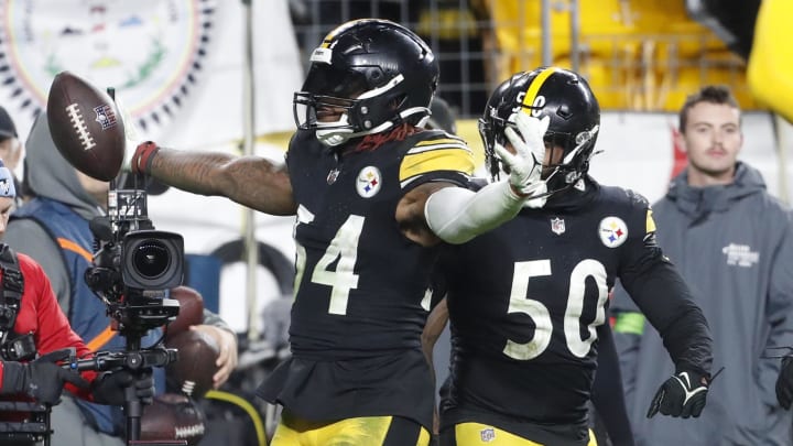 Nov 2, 2023; Pittsburgh, Pennsylvania, USA;  Pittsburgh Steelers linebacker Kwon Alexander (54) reacts after making an interception in the end zone against the Tennessee Titans at Acrisure Stadium. Pittsburgh won 20-16. Mandatory Credit: Charles LeClaire-USA TODAY Sports