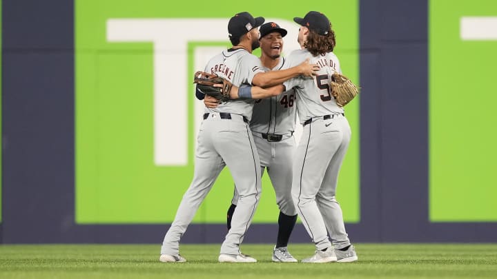 Jul 19, 2024; Toronto, Ontario, CAN; Detroit Tigers center fielder Riley Greene (31) and right fielder Wenceel Perez (46) and left fielder Ryan Vilade (50) celebrate a win over the Toronto Blue Jays at Rogers Centre. Jul 19, 2024; Toronto, Ontario, CAN; Detroit Tigers center fielder Riley Greene (31) and right fielder Wenceel Perez (46) and left fielder Ryan Vilade (50) celebrate a win over the Toronto Blue Jays at Rogers Centre.