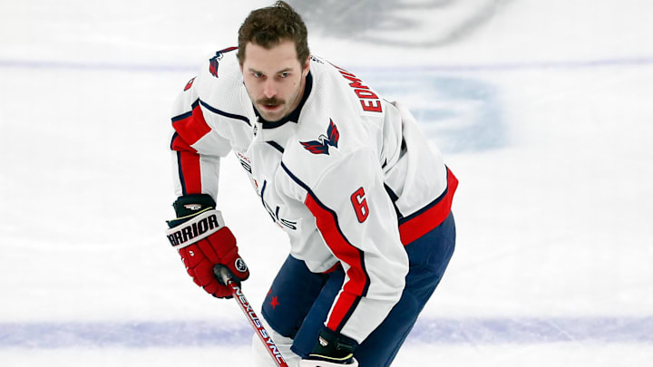 Jan 2, 2024; Pittsburgh, Pennsylvania, USA;  Washington Capitals defenseman Joel Edmundson (6) warms