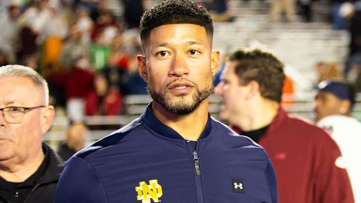 Nov 1, 2025; Chestnut Hill, Massachusetts, USA; Notre Dame Fighting Irish head coach Marcus Freeman after the game against the Boston College Eagles at Alumni Stadium. 