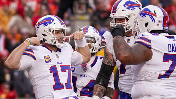 Dec 10, 2023; Kansas City, Missouri, USA; Buffalo Bills quarterback Josh Allen (17) celebrates with