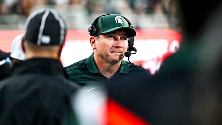 Michigan State's head coach Jonathan Smith looks on during the second quarter in the game against Florida Atlantic on Friday, Aug. 30, 2024, at Spartan Stadium in East Lansing.