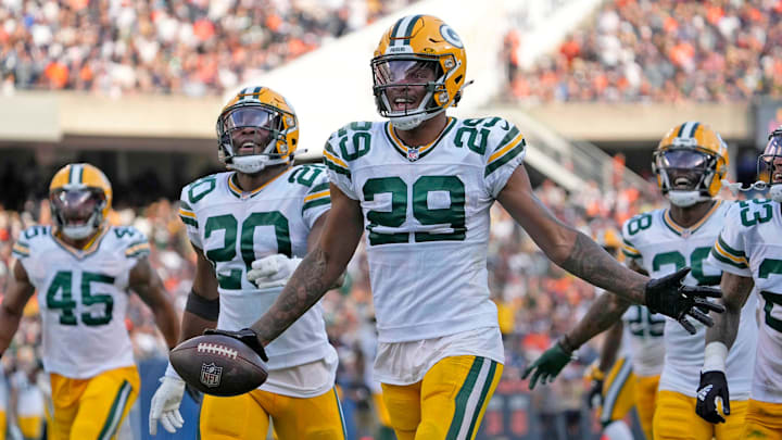 Green Bay Packers cornerback Rasul Douglas (29) celebrates a fumble recovery during second half of their game against the Chicago Bears on Sunday, Sept. 10, 2023 at Soldier Field in Chicago.