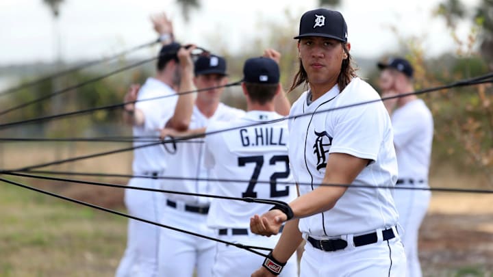 Detroit Tigers pitching prospect Wilmer Flores goes through drills during spring training minor league
