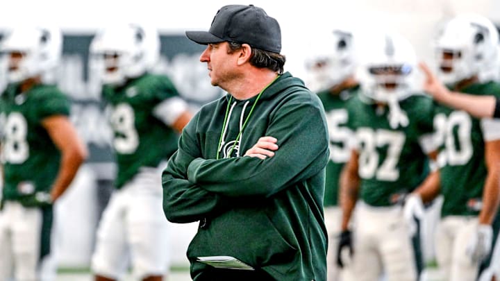 Michigan State head coach Jonathan Smith looks on during practice on Tuesday, April 8, 2025, in East Lansing.