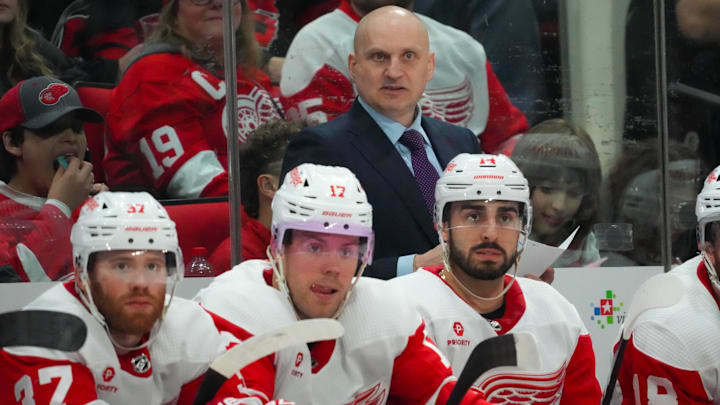 Mar 28, 2024; Raleigh, North Carolina, USA;  Detroit Red Wings head coach Derek Lalonde looks on