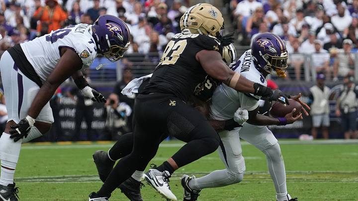 Sep 20, 2026; Baltimore, Maryland, USA; New Orleans Saints defensive end Chase Young (99) and defensive tackle Nathan Shepherd (93) sack Baltimore Ravens quarterback Lamar Jackson (8) in the third quarter at M&T Bank Stadium. Mandatory Credit: James Lang-Imagn Images Sep 20, 2026; Baltimore, Maryland, USA; New Orleans Saints defensive end Chase Young (99) and defensive tackle Nathan Shepherd (93) sack Baltimore Ravens quarterback Lamar Jackson (8) in the third quarter at M&T Bank Stadium. Mandatory Credit: James Lang-Imagn Images