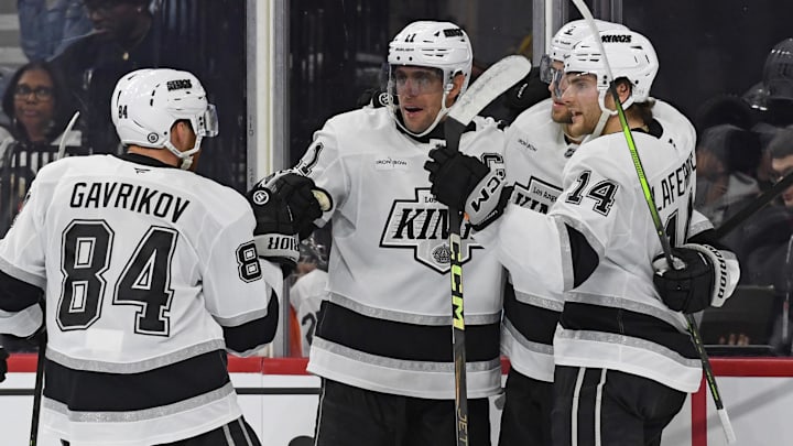 Dec 19, 2024; Philadelphia, Pennsylvania, USA; Los Angeles Kings center Anze Kopitar (11) celebrates his goal with teammates against the Philadelphia Flyers during the second period at Wells Fargo Center. Mandatory Credit: Eric Hartline-Imagn Images