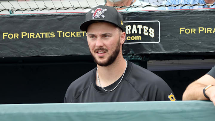 Mar 5, 2025; Bradenton, Florida, USA; Pittsburgh Pirates pitcher Paul Skenes (30) looks on from the dugout against the Toronto Blue Jays at LECOM Park. Mandatory Credit: Kim Klement Neitzel-Imagn Images
