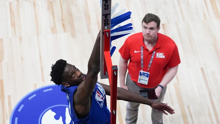 May 12, 2026; Chicago, IL, USA; AJ Dybantsa participates in the 2026 NBA Draft Combine at Wintrust Arena. Mandatory Credit: David Banks-Imagn Images