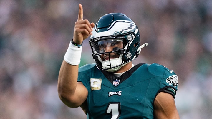 Nov 5, 2023; Philadelphia, Pennsylvania, USA; Philadelphia Eagles quarterback Jalen Hurts (1) reacts after a touchdown against the Dallas Cowboys during the first quarter at Lincoln Financial Field. Mandatory Credit: Bill Streicher-Imagn Images