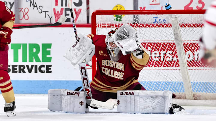 Louka Cloutier makes a save at Agganis Arena on Feb. 27, 2026.