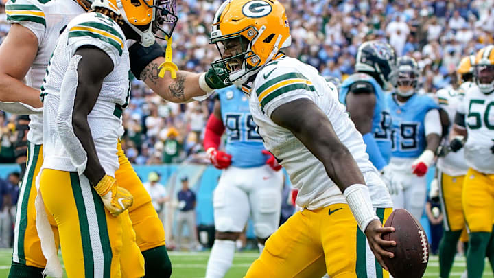 Green Bay Packers quarterback Malik Willis (2) celebrates his touchdown against the Tennessee Titans during the first quarter at Nissan Stadium in Nashville, Tenn., Sunday, Sept. 22, 2024. Green Bay Packers quarterback Malik Willis (2) celebrates his touchdown against the Tennessee Titans during the first quarter at Nissan Stadium in Nashville, Tenn., Sunday, Sept. 22, 2024.
