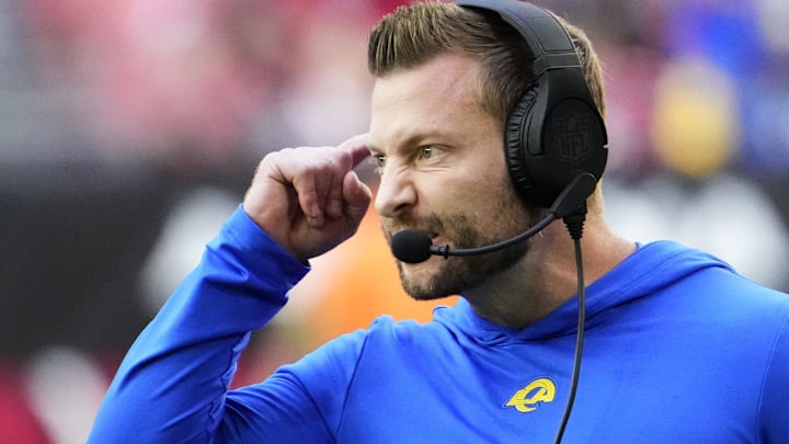 Los Angeles Rams head coach Sean McVay reacts during action against the Arizona Cardinals in the first half at State Farm Stadium.
