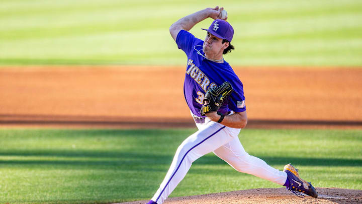 Tigers starting pitcher Luke Holman on the mound as the LSU Tigers take on the Vanderbilt Commodores