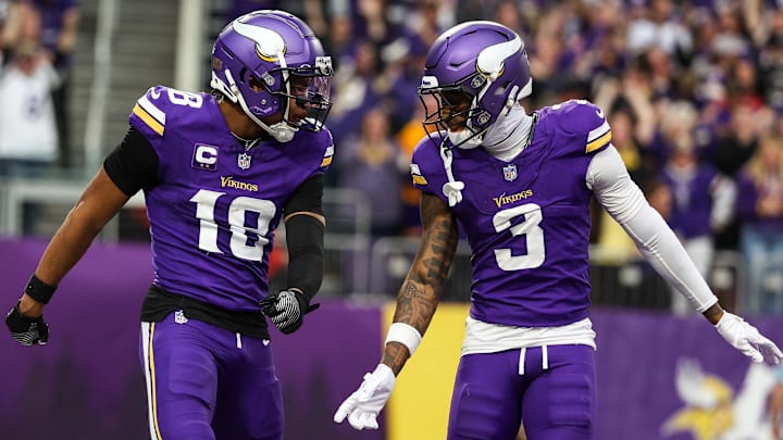 Dec 8, 2024; Minneapolis, Minnesota, USA; Minnesota Vikings wide receiver Justin Jefferson (18) celebrates his touchdown against the Atlanta Falcons during the third quarter at U.S. Bank Stadium.