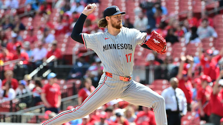 Minnesota Twins pitcher Bailey Ober pitches in the first inning against the St. Louis Cardinals at Busch Stadium in St. Louis on March 30, 2025.